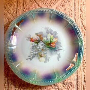 PK Silesia Antique Luster Floral and Grapes Beaded Scalloped Plate with Cutouts
